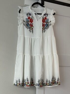 White Floral Embroidered Tiered Casual Dress
